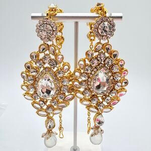 Bollywood Kundan Earrings With Ear Support Chains Gokd Tone Regal Regency Fancy